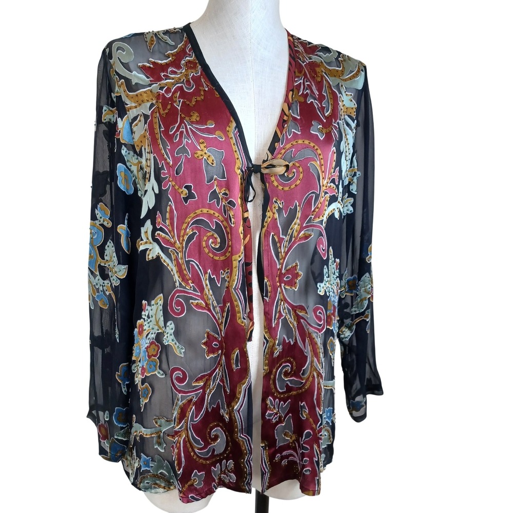 Citron Santa Monica Silk Blend Burnout Beaded Floral Kimono Cardigan Med Black